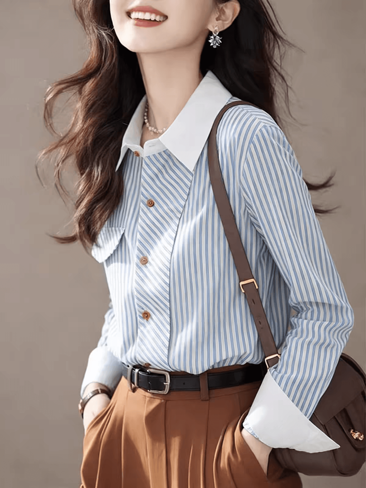 Chic 캐주얼 아름다운 파란색 스트라이프 폴로 칼라 싱글 줄 버튼 긴팔 여성 셔츠 봄 새로운 출퇴근 작은 대중 셔츠