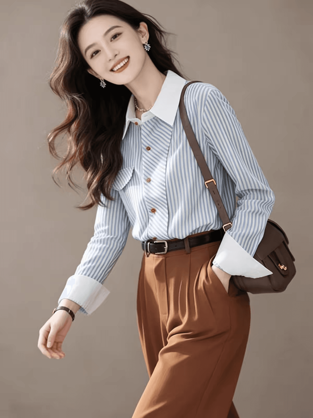 Chic 캐주얼 아름다운 파란색 스트라이프 폴로 칼라 싱글 줄 버튼 긴팔 여성 셔츠 봄 새로운 출퇴근 작은 대중 셔츠 이미지 3