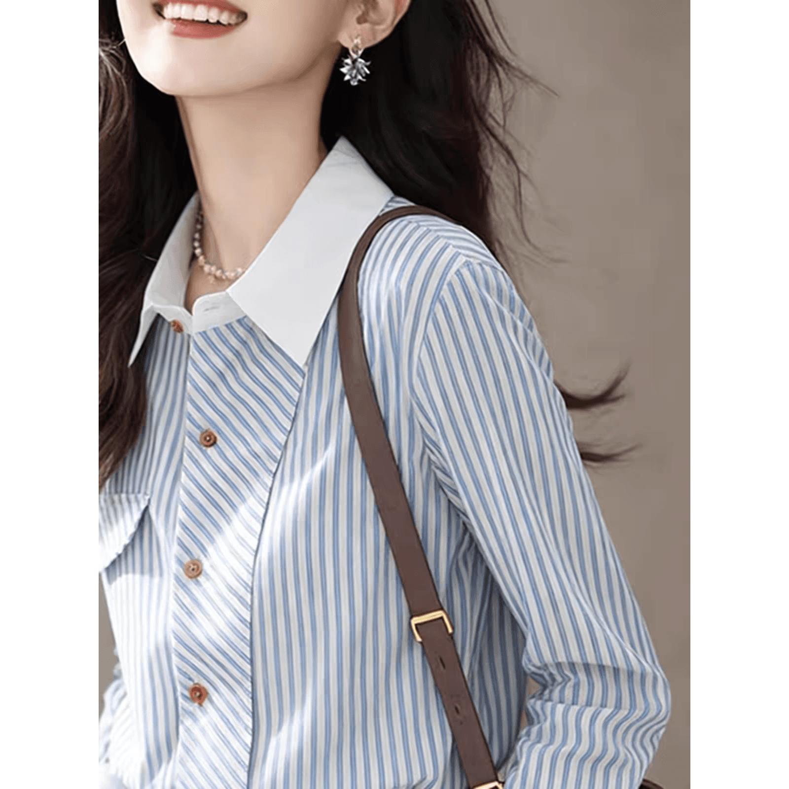 Chic 캐주얼 아름다운 파란색 스트라이프 폴로 칼라 싱글 줄 버튼 긴팔 여성 셔츠 봄 새로운 출퇴근 작은 대중 셔츠 이미지 5
