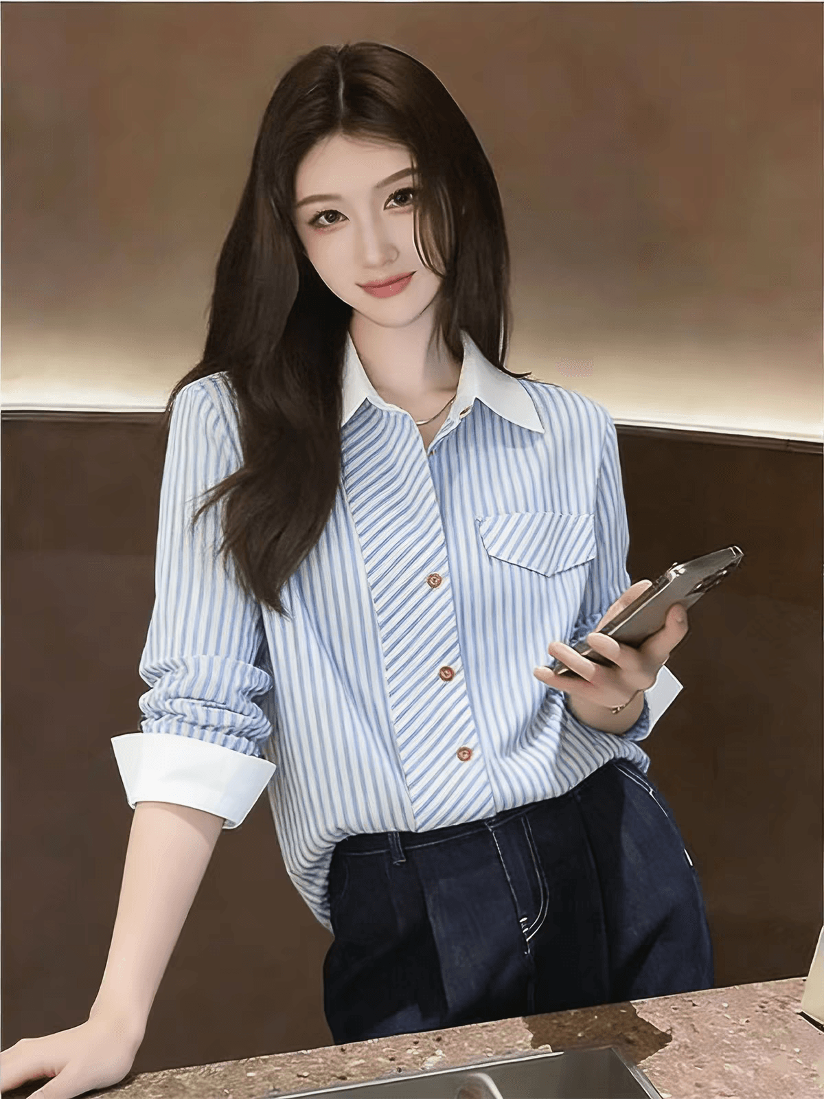 품격 POLO 칼라 스트라이프 긴팔 여성 셔츠 2026 년 새로운 일상 출퇴근 루즈핏 다용도 셔츠 맨위 트렌디
