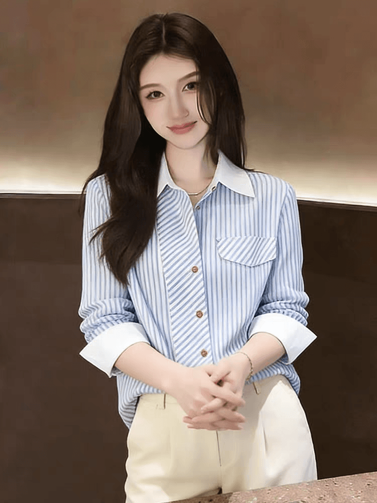 품격 POLO 칼라 스트라이프 긴팔 여성 셔츠 2026 년 새로운 일상 출퇴근 루즈핏 다용도 셔츠 맨위 트렌디 상세 이미지 2