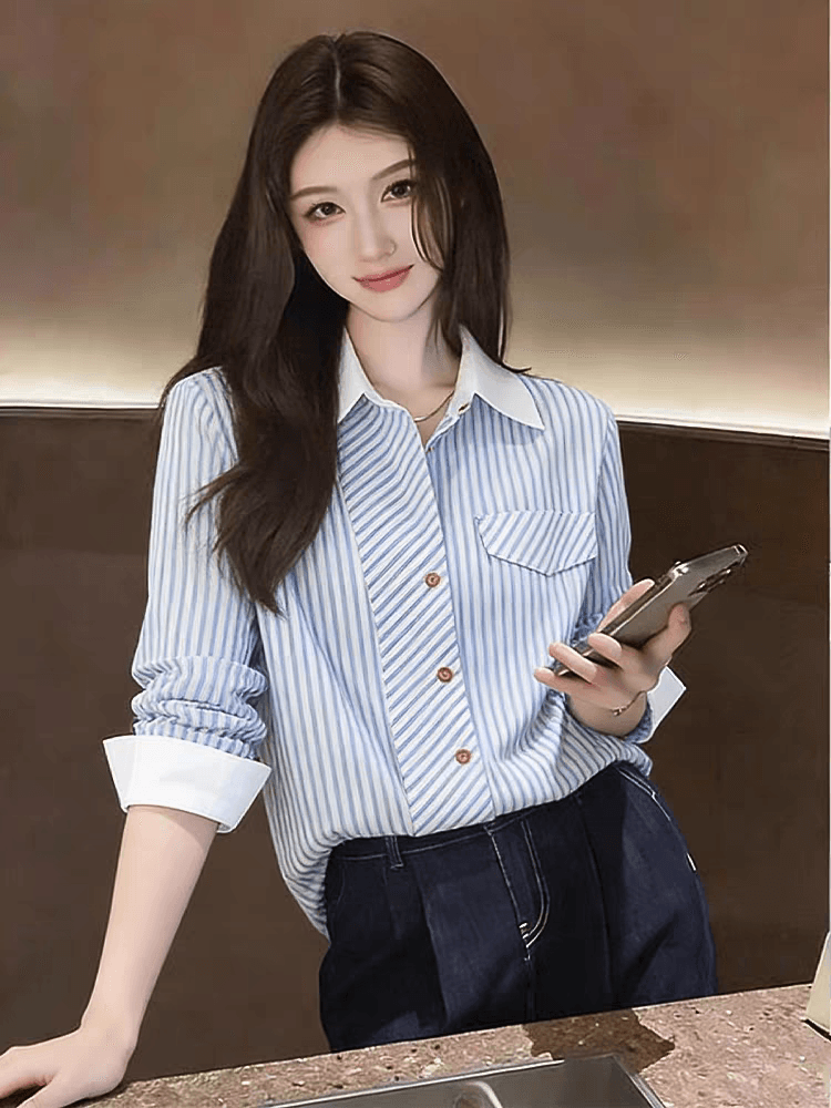 품격 POLO 칼라 스트라이프 긴팔 여성 셔츠 2026 년 새로운 일상 출퇴근 루즈핏 다용도 셔츠 맨위 트렌디 상세 이미지 3