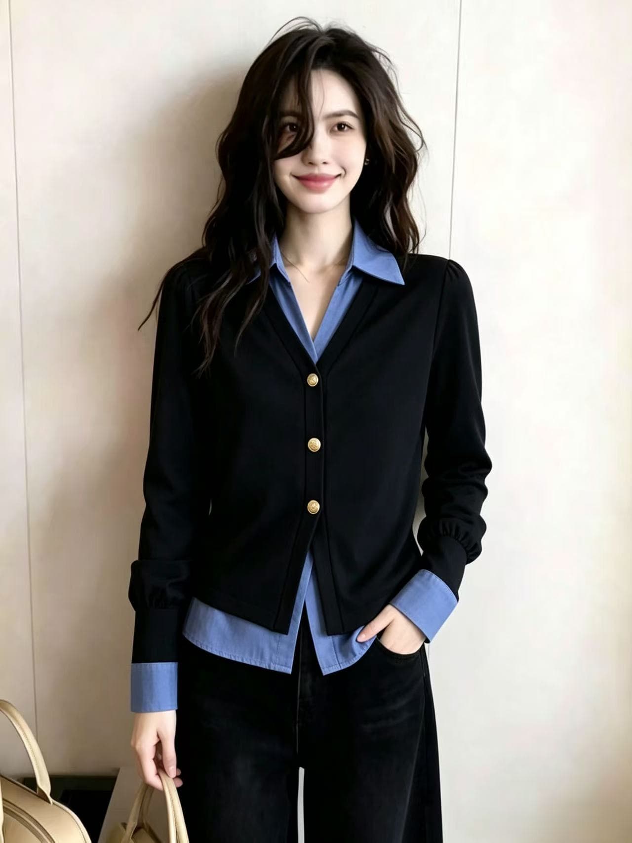 페이크 레이어드 그레이트 과소 평가 럭셔리 여성 셔츠 가을 2026 새로운 긴팔 고급 센스 패션 외국 가스 연령 감소 맨위 상세 이미지 3