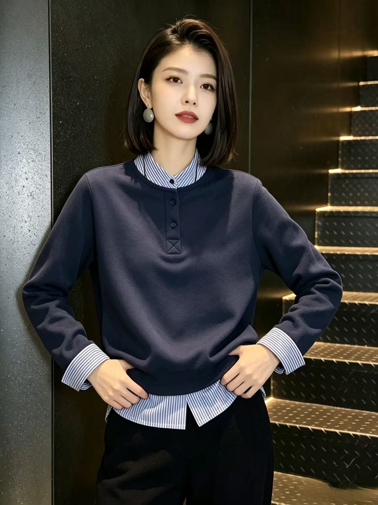 스탠드 칼라 스트라이프 패치워크 페이크 레이어드 긴팔 T 셔츠 여성 2026 가을 새로운 풀오버 레트로 맨위 이미지 3