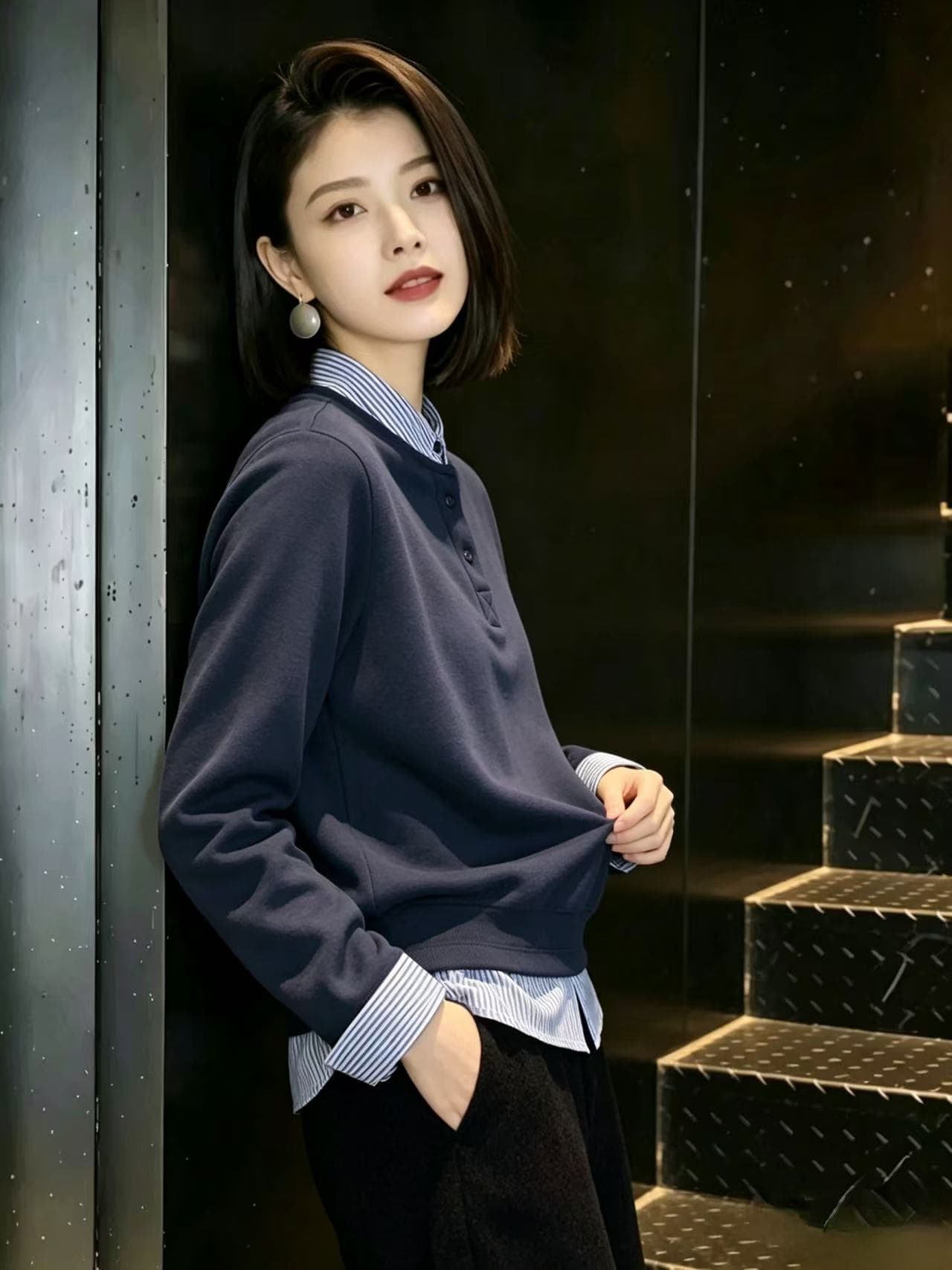 스탠드 칼라 스트라이프 패치워크 페이크 레이어드 긴팔 T 셔츠 여성 2026 가을 새로운 풀오버 레트로 맨위 이미지 2