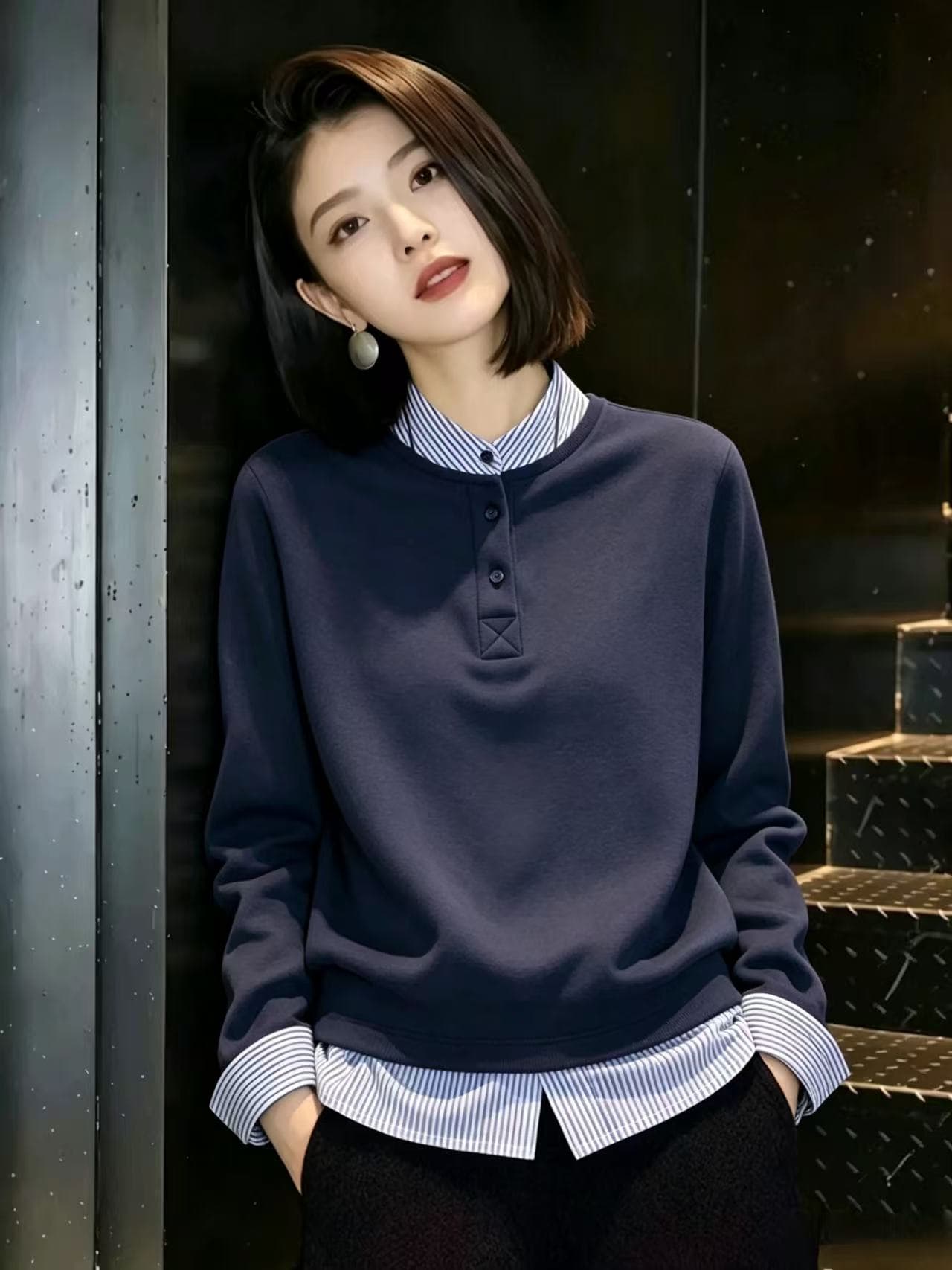 스탠드 칼라 스트라이프 패치워크 페이크 레이어드 긴팔 T 셔츠 여성 2026 가을 새로운 풀오버 레트로 맨위 상세 이미지 1