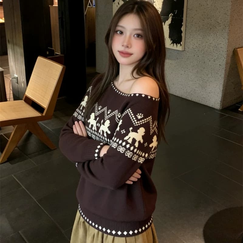 레트로 부드러운 공정한 섬 강아지 자카드 비스듬한 어깨 긴팔 니트 스웨터 가을 겨울 디자인 센스 느긋한 부드러운 찹쌀 맨위 트렌디 이미지 2
