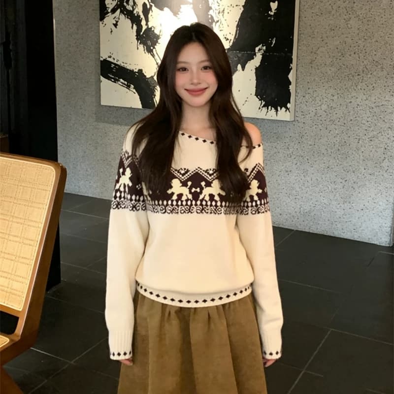 레트로 부드러운 공정한 섬 강아지 자카드 비스듬한 어깨 긴팔 니트 스웨터 가을 겨울 디자인 센스 느긋한 부드러운 찹쌀 맨위 트렌디 상세 이미지 2