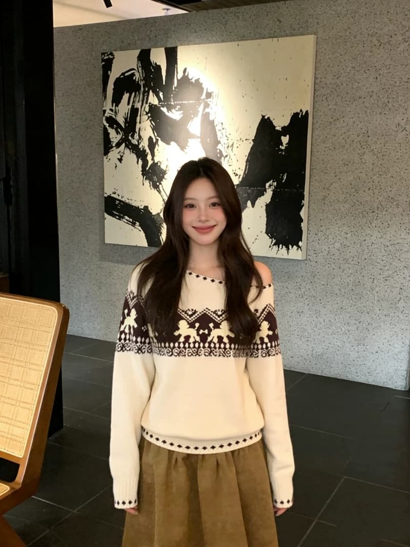 레트로 부드러운 공정한 섬 강아지 자카드 비스듬한 어깨 긴팔 니트 스웨터 가을 겨울 디자인 센스 느긋한 부드러운 찹쌀 맨위 트렌디 상세 이미지 9