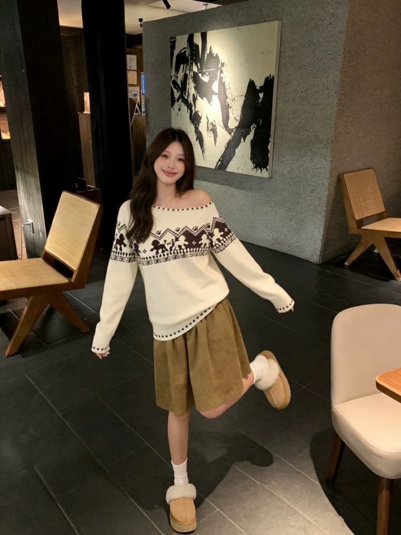 레트로 부드러운 공정한 섬 강아지 자카드 비스듬한 어깨 긴팔 니트 스웨터 가을 겨울 디자인 센스 느긋한 부드러운 찹쌀 맨위 트렌디 상세 이미지 11