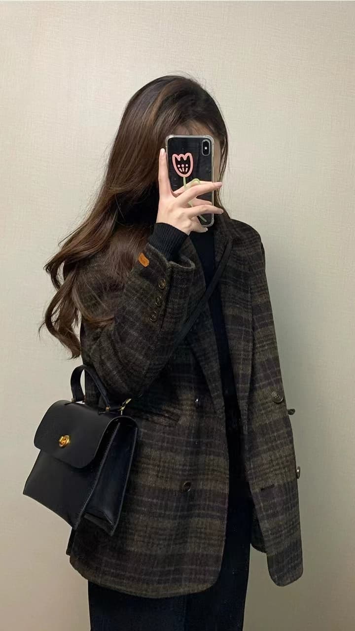 레트로 체크무늬 모직 여성 코트 플러스 면 두꺼운 정장 칼라 오래된 돈 바람 느긋한 패션 고급 세련된 맨위 트렌디