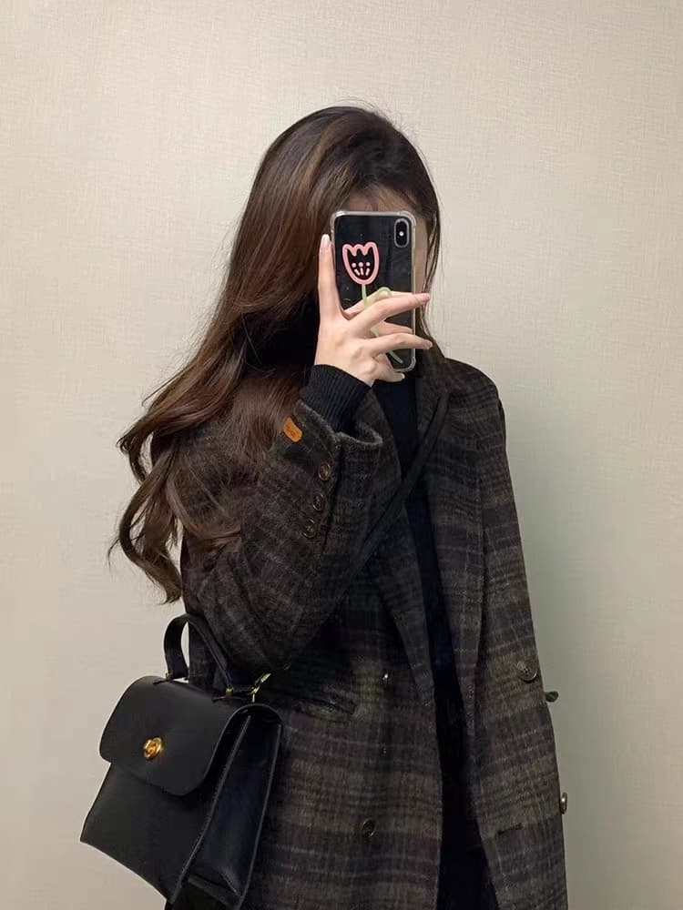 레트로 체크무늬 모직 여성 코트 플러스 면 두꺼운 정장 칼라 오래된 돈 바람 느긋한 패션 고급 세련된 맨위 트렌디 이미지 2