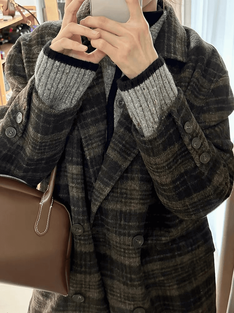 레트로 체크무늬 모직 여성 코트 플러스 면 두꺼운 정장 칼라 오래된 돈 바람 느긋한 패션 고급 세련된 맨위 트렌디 이미지 4