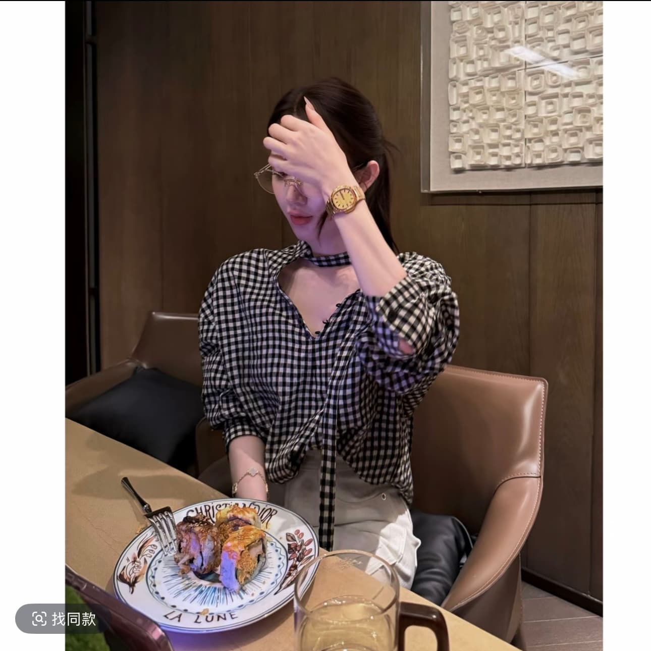 칭탄 구멍 유럽 니켈 조금 특별 ~ 중 리본 한 부서 분위기 센스 흑인과 백인 그리드 셔츠 이미지 3