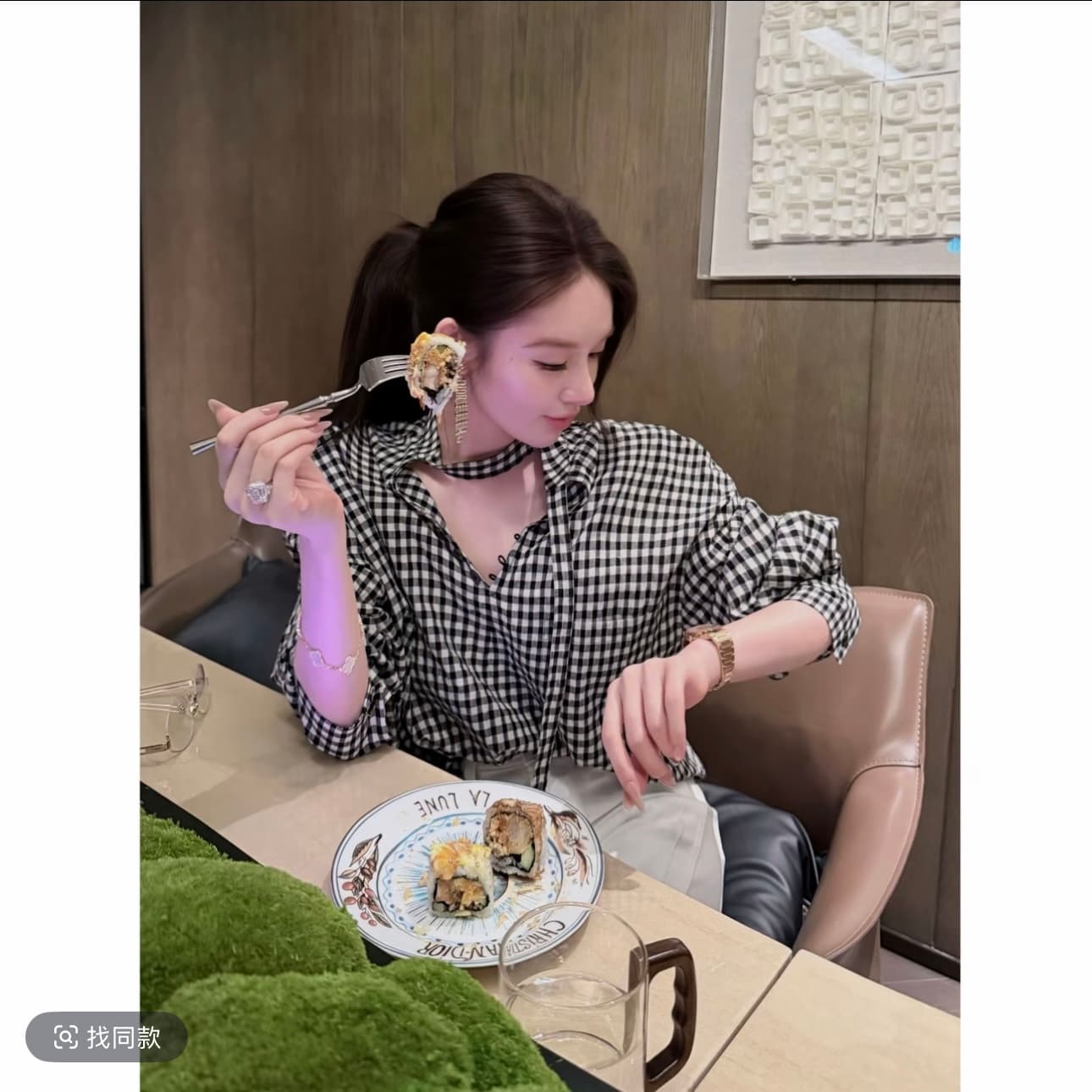 칭탄 구멍 유럽 니켈 조금 특별 ~ 중 리본 한 부서 분위기 센스 흑인과 백인 그리드 셔츠 이미지 4