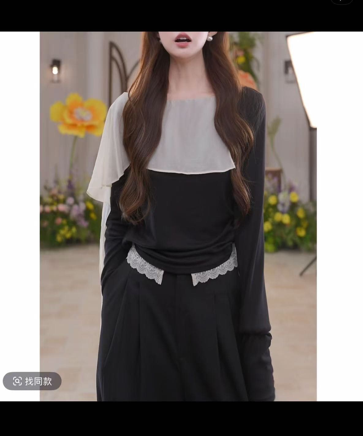 배색 패치워크 프릴 페이크 레이어드 긴팔 티셔츠 여성 가을 2026 새로운 슬림해 보이는 품격 오프숄더 맨위