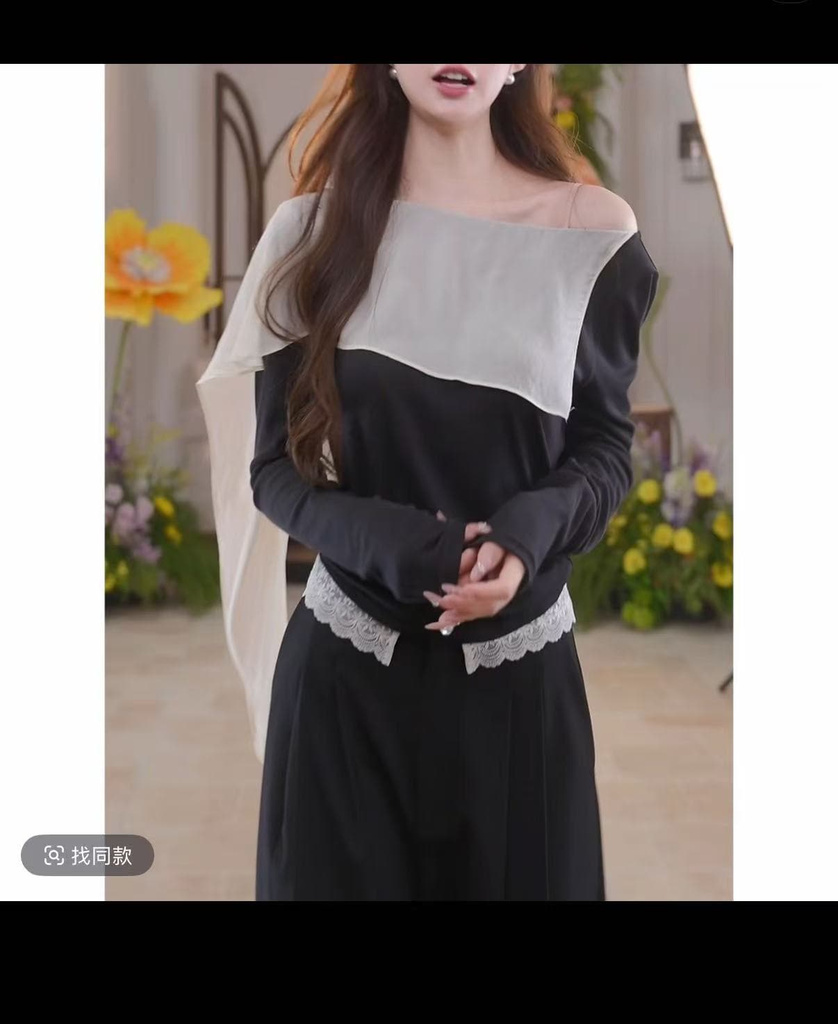 배색 패치워크 프릴 페이크 레이어드 긴팔 티셔츠 여성 가을 2026 새로운 슬림해 보이는 품격 오프숄더 맨위 상세 이미지 1