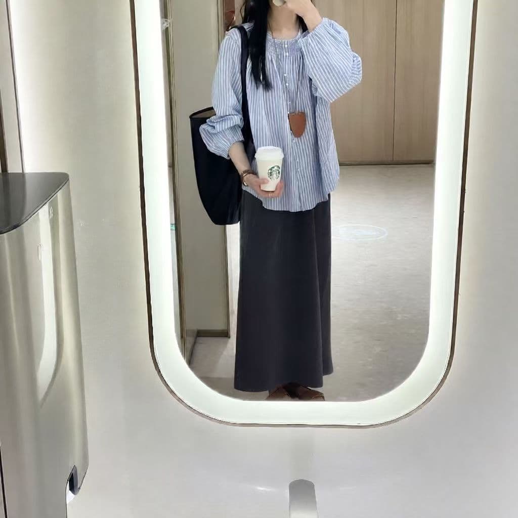프랑스식 고유 한 세로 줄무늬 여성 셔츠 가을 인기 착용 가져 가라. 2026 년 새로운 이른 가을 고급 센스 chic 맨위 상세 이미지 4