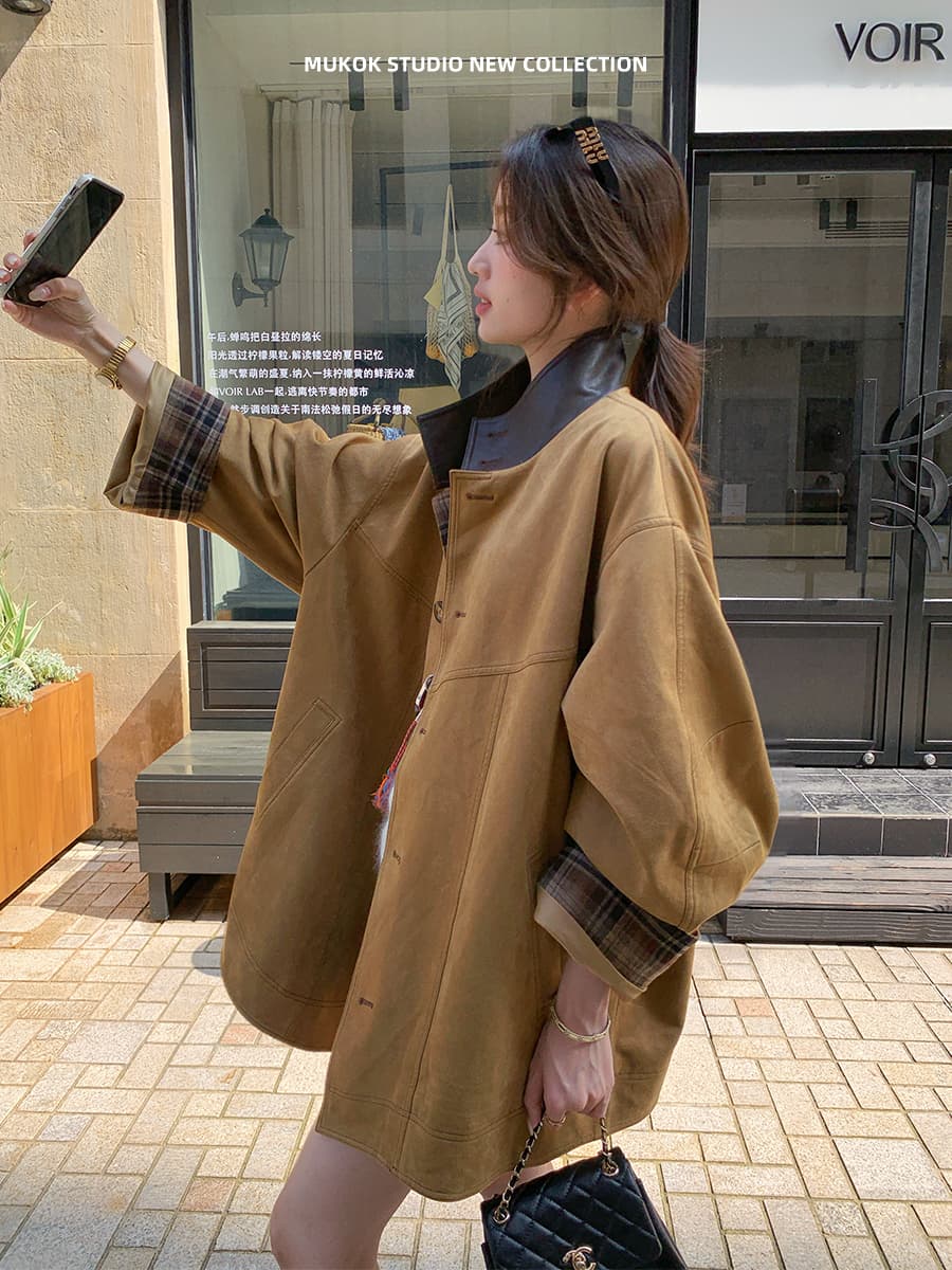 miu 부서 바 En 바람 커피 색상 스탠드 칼라 배색 체크무늬 사슴 캐시미어 분할 디자인 센스 재킷 여성 코트 가을
