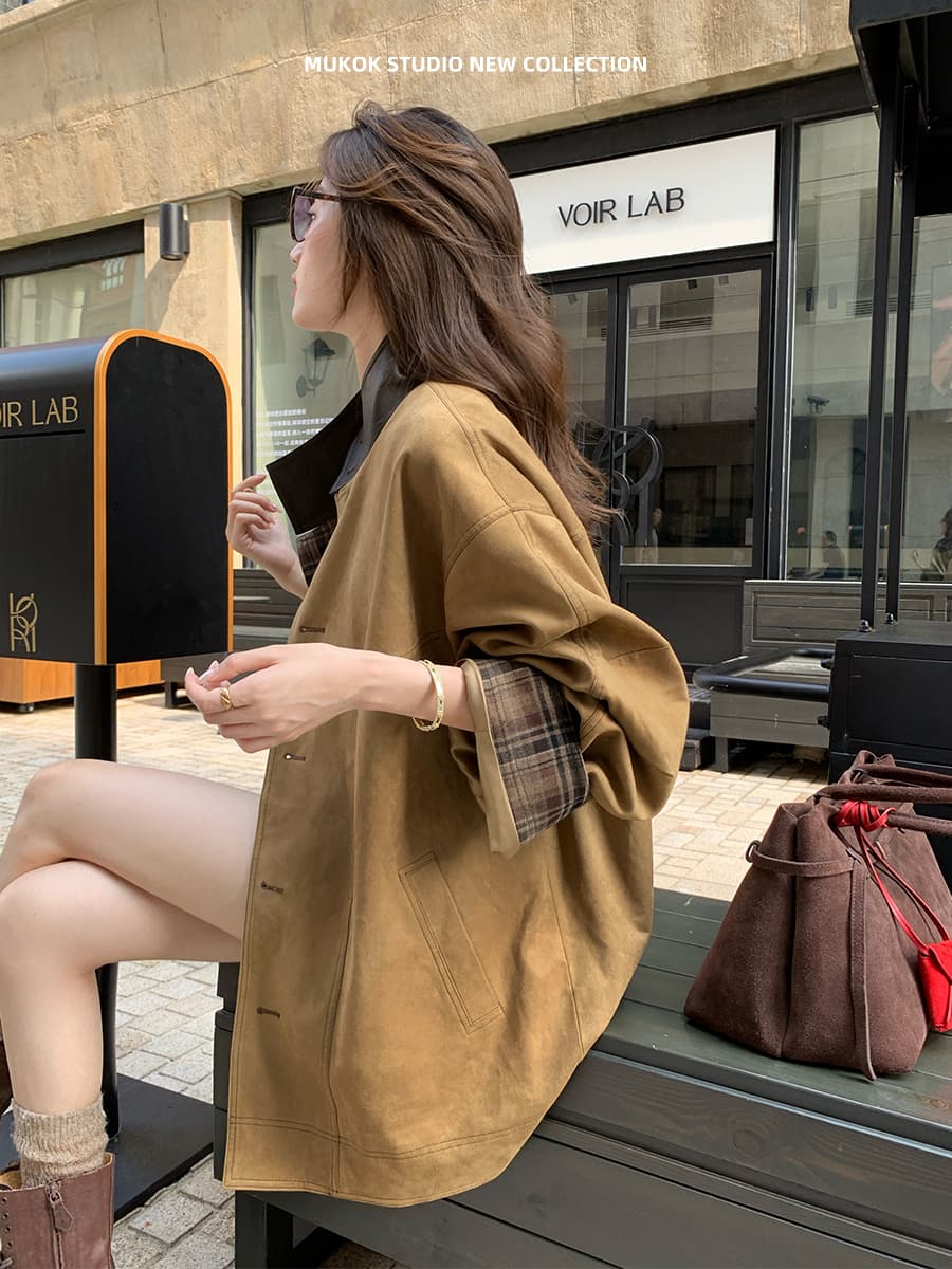 miu 부서 바 En 바람 커피 색상 스탠드 칼라 배색 체크무늬 사슴 캐시미어 분할 디자인 센스 재킷 여성 코트 가을 이미지 2