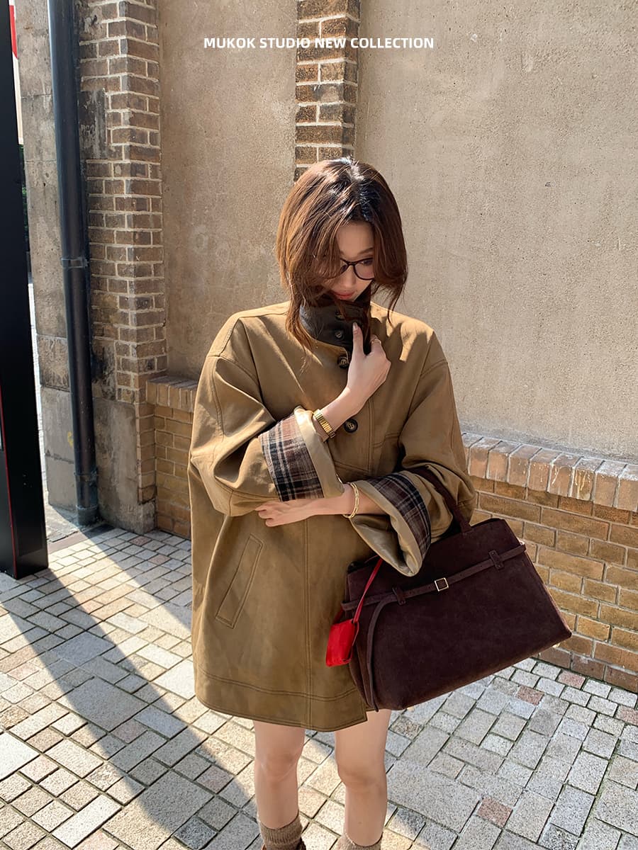miu 부서 바 En 바람 커피 색상 스탠드 칼라 배색 체크무늬 사슴 캐시미어 분할 디자인 센스 재킷 여성 코트 가을 상세 이미지 2