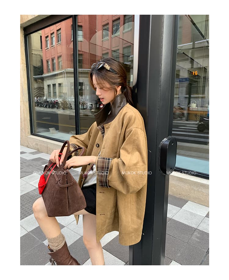 miu 부서 바 En 바람 커피 색상 스탠드 칼라 배색 체크무늬 사슴 캐시미어 분할 디자인 센스 재킷 여성 코트 가을 상세 이미지 9