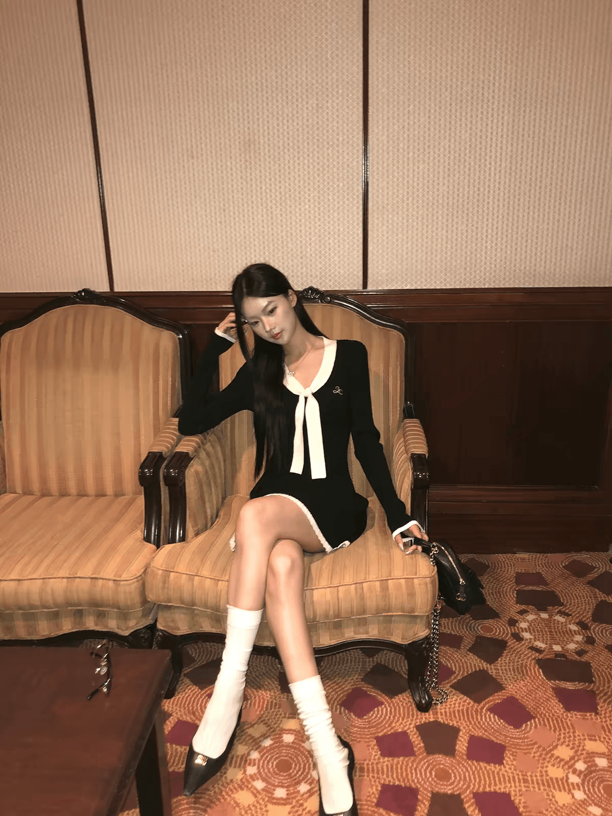 레드 맨 큐레이터 소매 여성 드레스 가을 자이언트 잘 생긴 ~ 중 프랑스식 검정색 관대 한 점잖은 아름다운 페이크 레이어드 치마 이미지 2