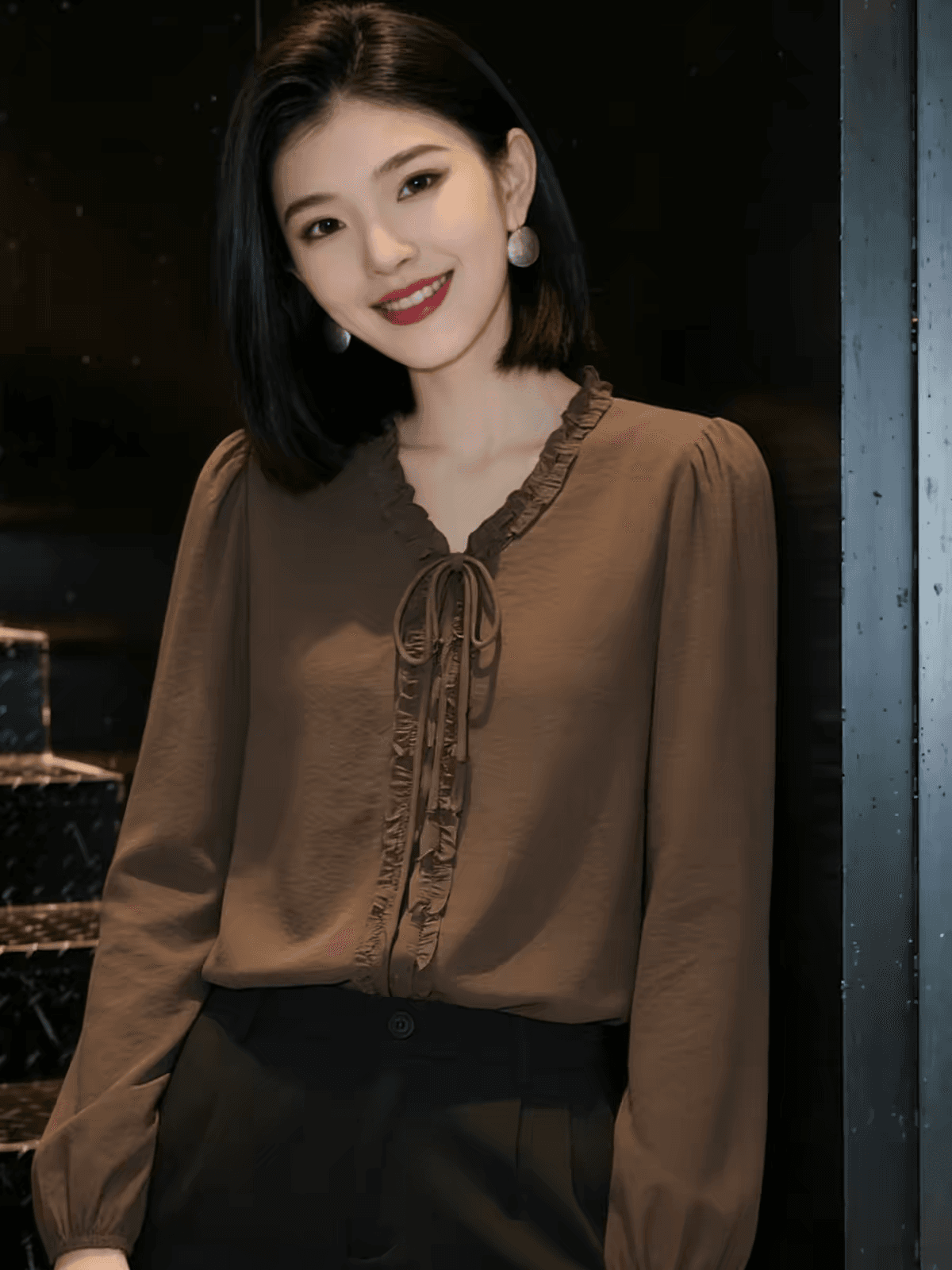 긴팔 여성 셔츠 2026 가을 겨울철 새로운 한국 스타일 루즈핏 프릴 V넥 셔츠 다용도 슬림해 보이는 맨위 트렌디 상세 이미지 4