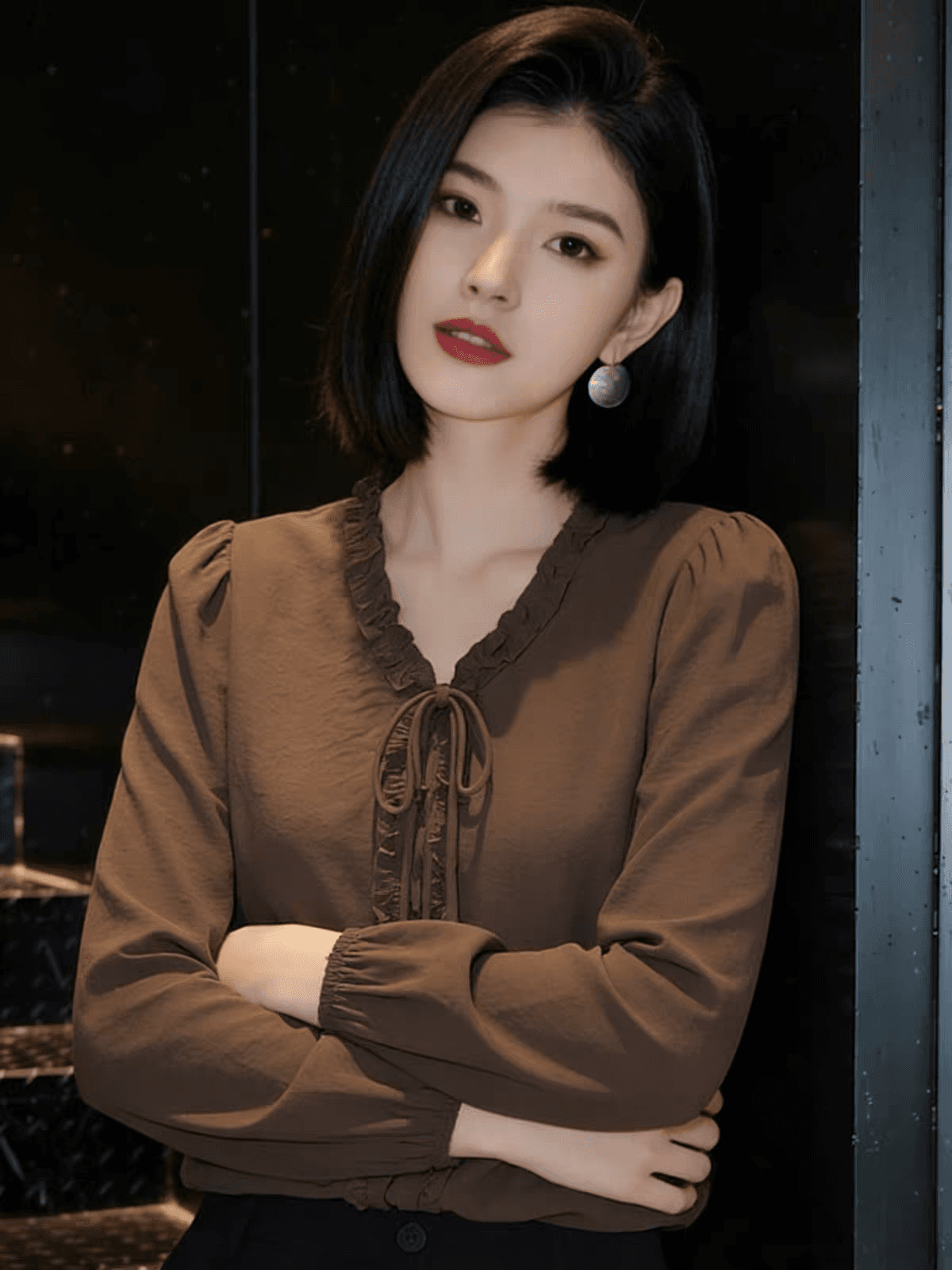 긴팔 여성 셔츠 2026 가을 겨울철 새로운 한국 스타일 루즈핏 프릴 V넥 셔츠 다용도 슬림해 보이는 맨위 트렌디 상세 이미지 5