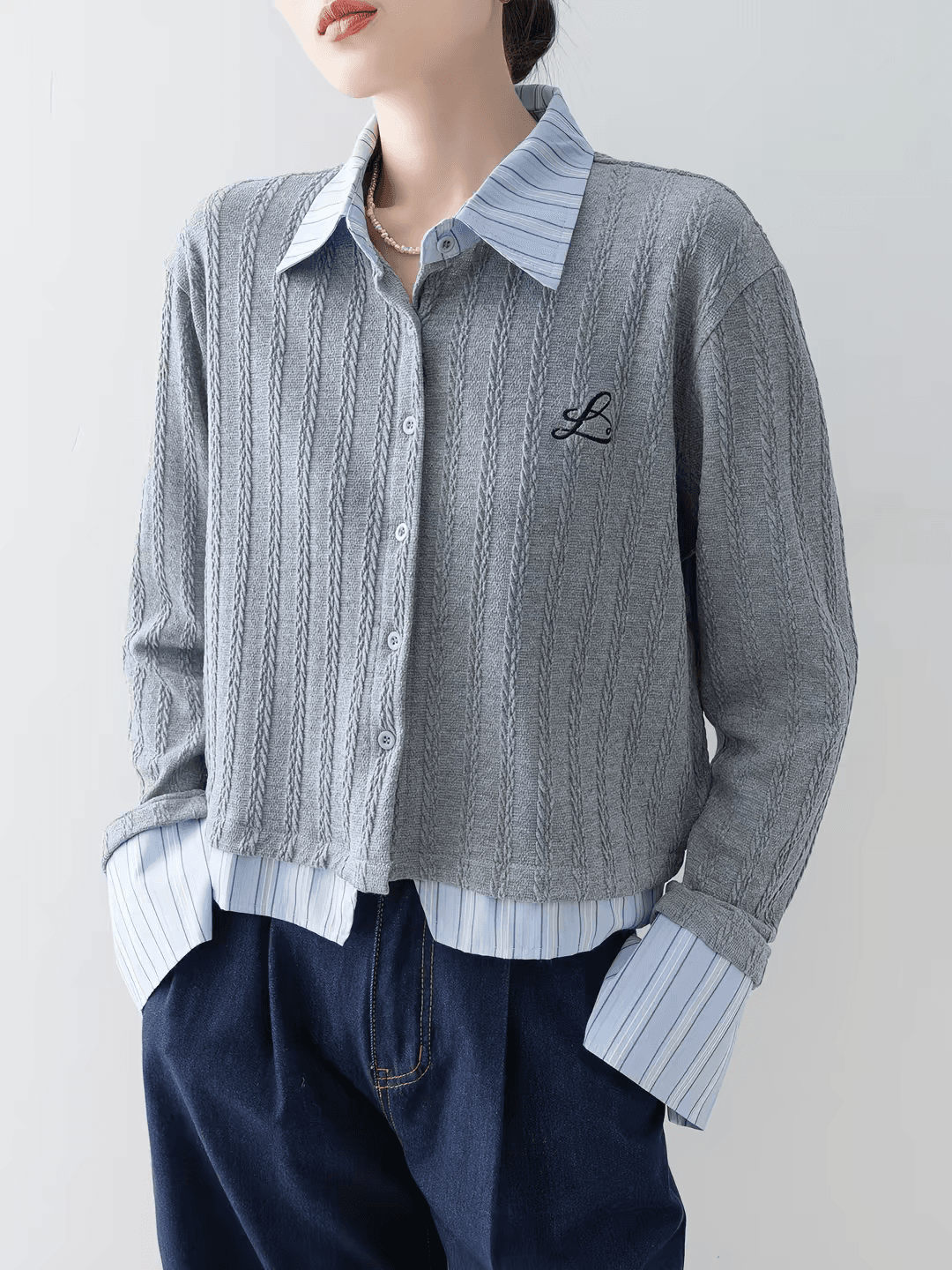 가을 착용 가져 가라. 회색 POLO 칼라 니트 스웨터 여성 2026 새로운 가을 의상 스트라이프 패치워크 페이크 레이어드 긴팔 맨위 상세 이미지 2