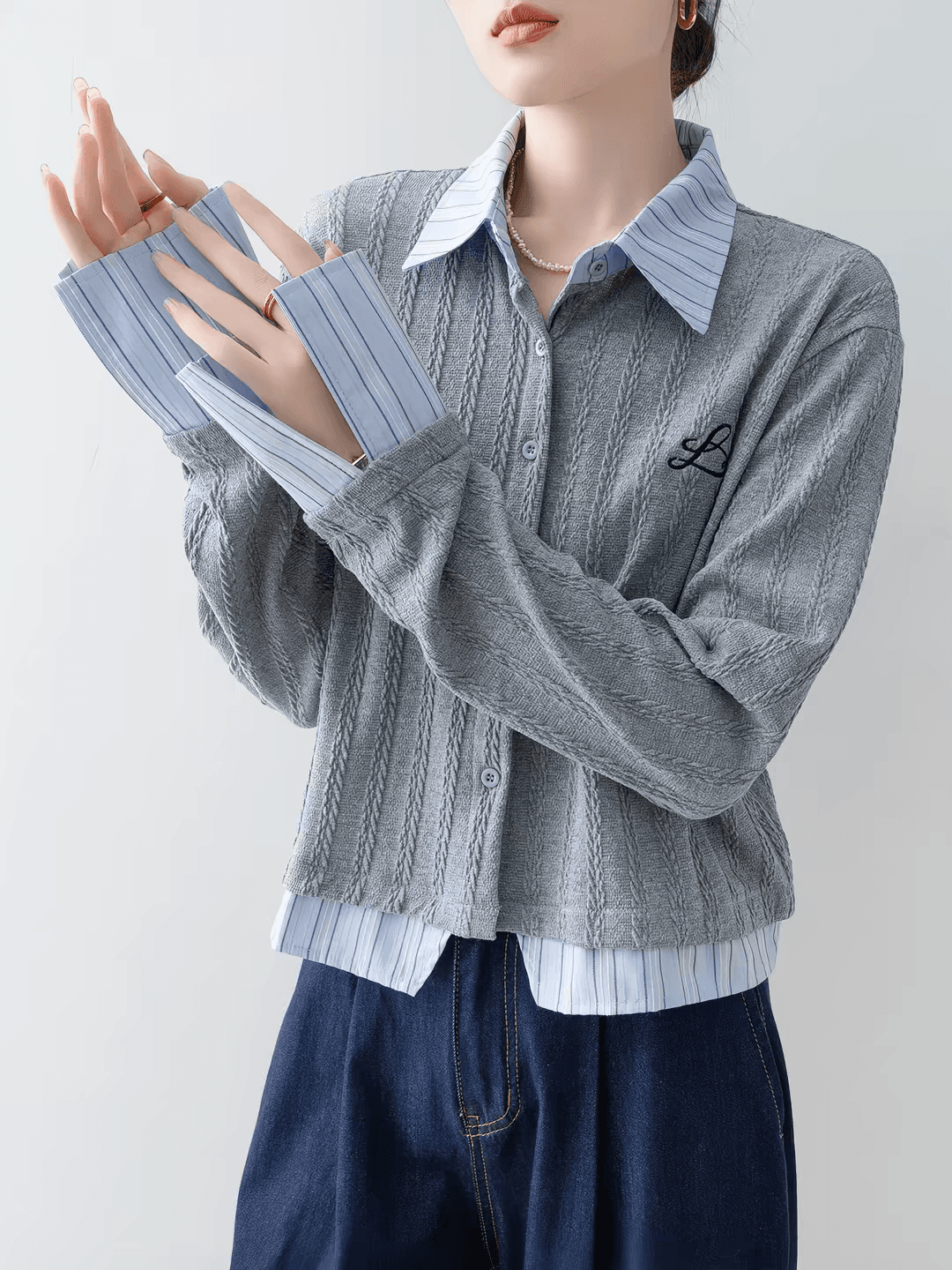 가을 착용 가져 가라. 회색 POLO 칼라 니트 스웨터 여성 2026 새로운 가을 의상 스트라이프 패치워크 페이크 레이어드 긴팔 맨위 상세 이미지 5