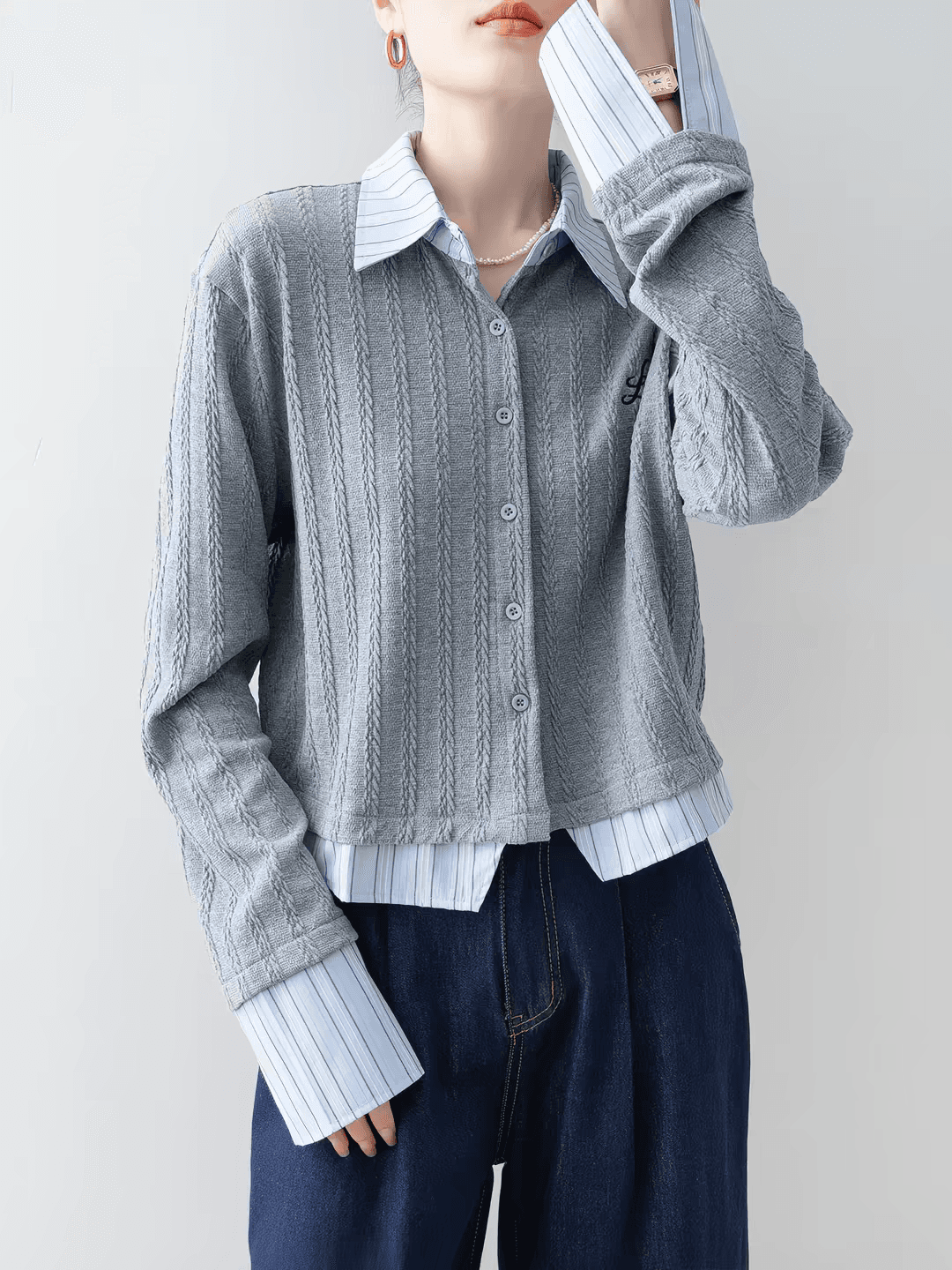 가을 착용 가져 가라. 회색 POLO 칼라 니트 스웨터 여성 2026 새로운 가을 의상 스트라이프 패치워크 페이크 레이어드 긴팔 맨위 이미지 3