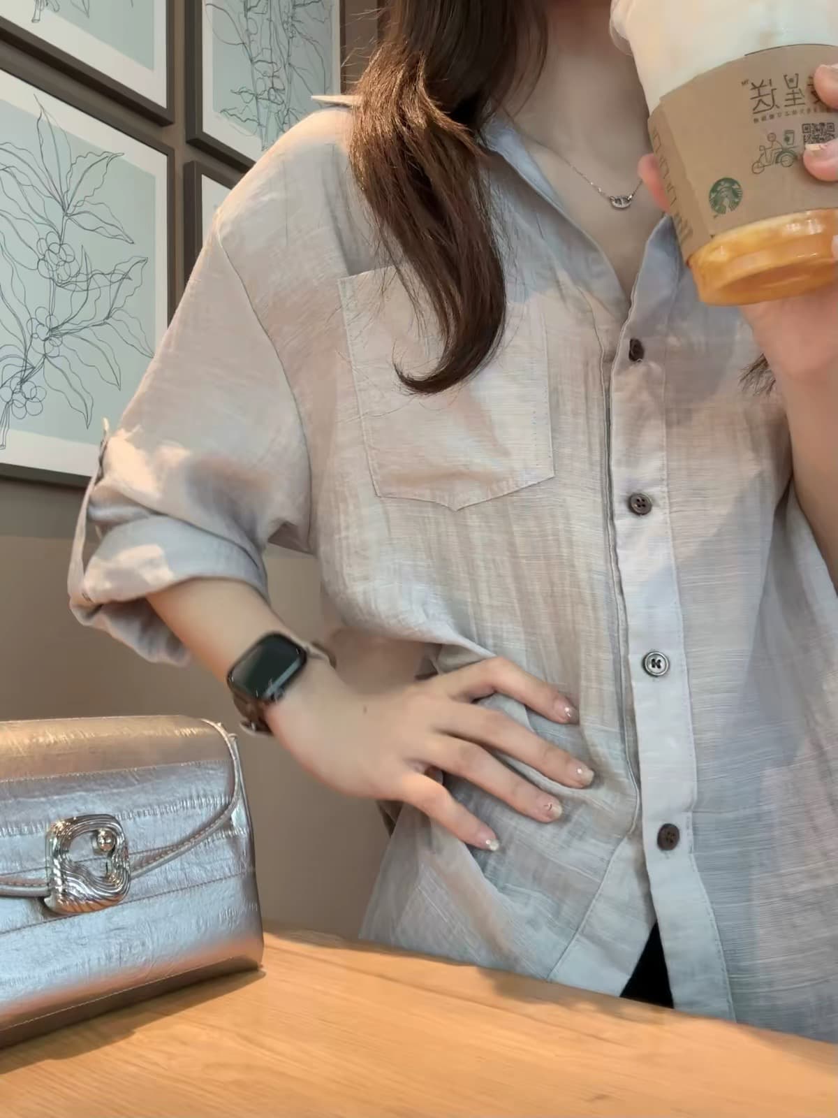 햇빛 가리개 작은 대중 디자인 센스 V넥 핀치 Pleat 여성 셔츠 여름 얇고 가벼운 통기성 회색 슬림해 보이는 긴팔 자외선 차단 셔츠 상세 이미지 1