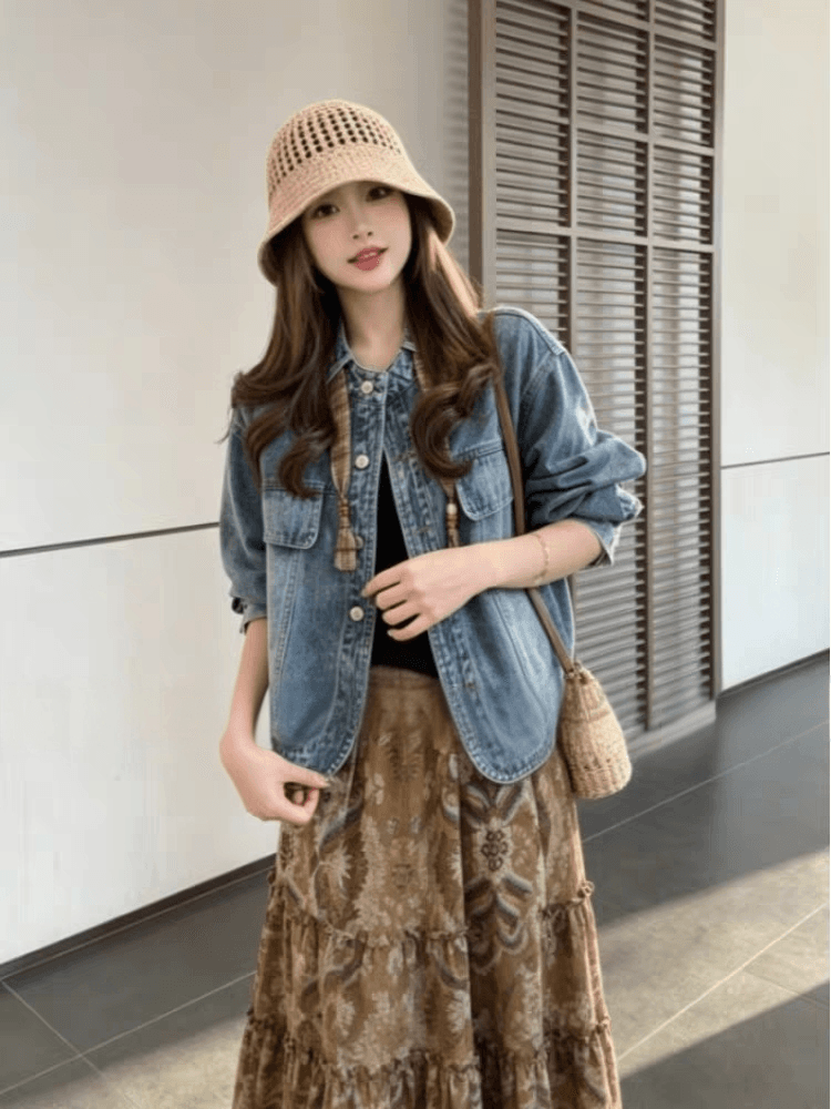 Annan uwsv 항구 바람 차가운 트렌디 패션 개성 루즈핏 작은 키 단색 오픈 가디건 데님 재킷 경기 스카프 여성 이미지 4