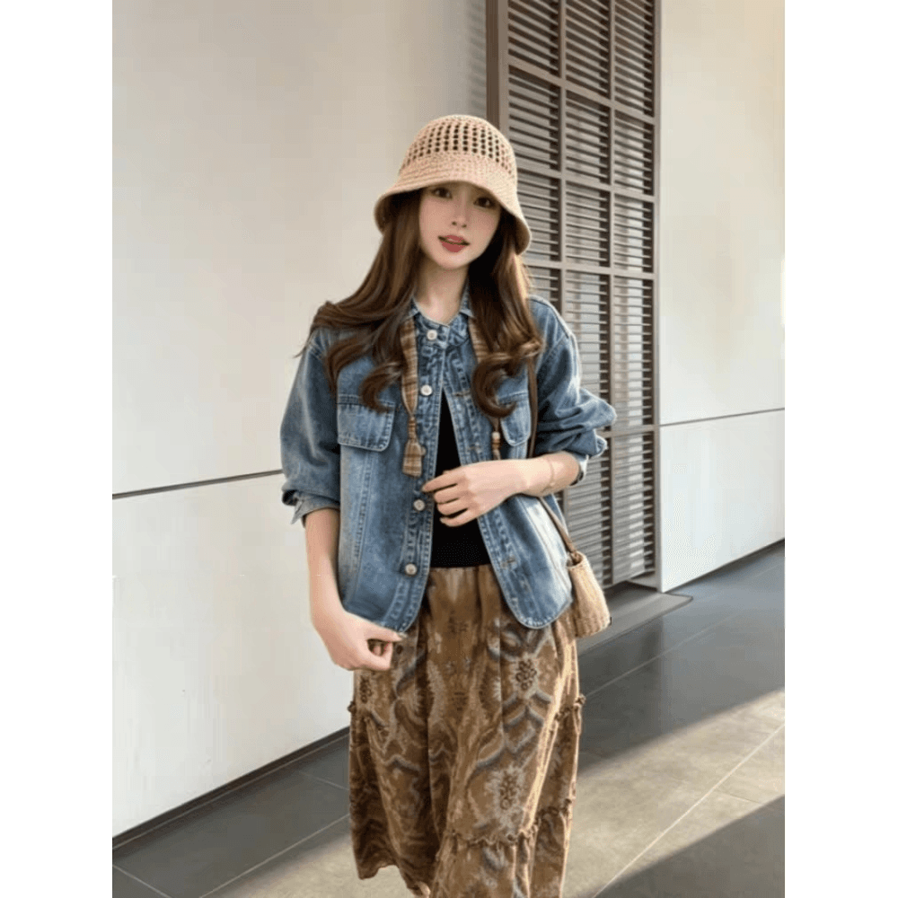 Annan uwsv 항구 바람 차가운 트렌디 패션 개성 루즈핏 작은 키 단색 오픈 가디건 데님 재킷 경기 스카프 여성 이미지 5