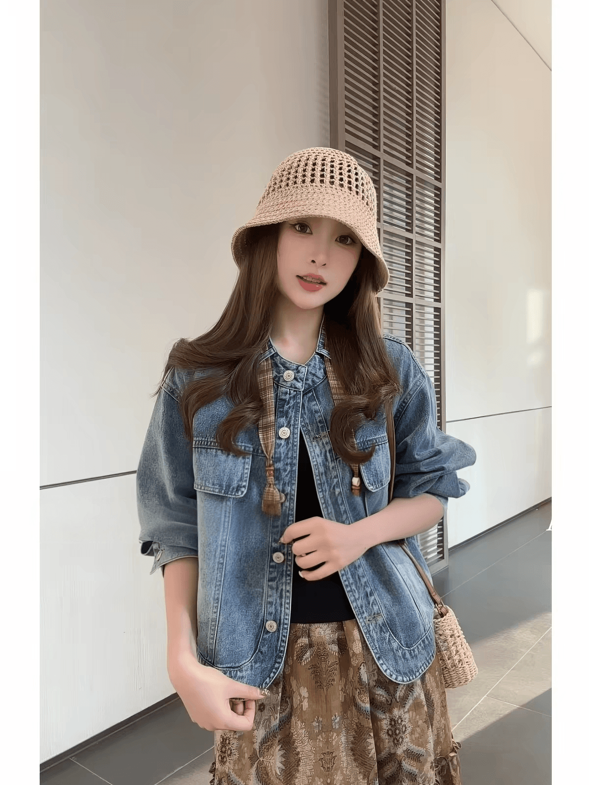 Annan uwsv 항구 바람 차가운 트렌디 패션 개성 루즈핏 작은 키 단색 오픈 가디건 데님 재킷 경기 스카프 여성 상세 이미지 1