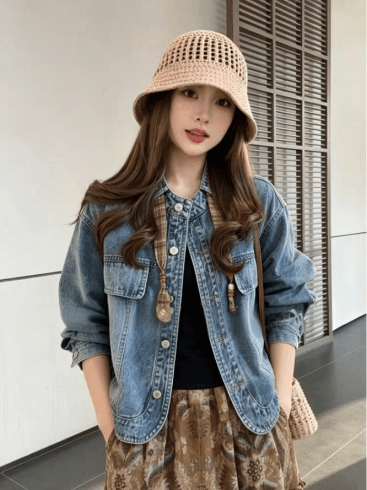 Annan uwsv 항구 바람 차가운 트렌디 패션 개성 루즈핏 작은 키 단색 오픈 가디건 데님 재킷 경기 스카프 여성 상세 이미지 3