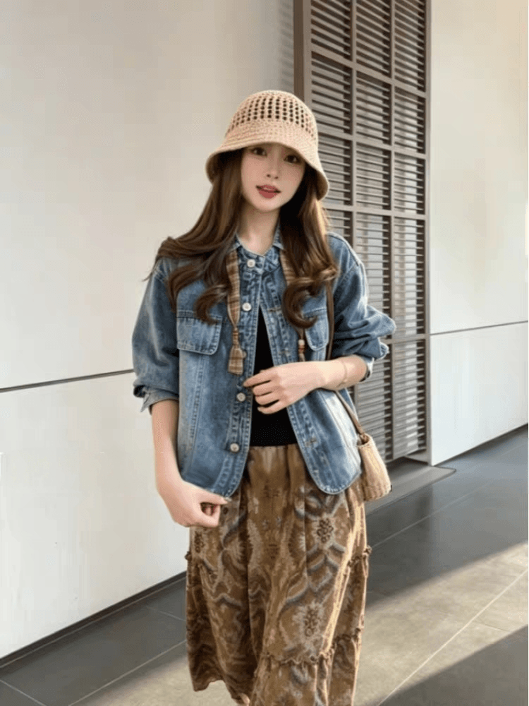Annan uwsv 항구 바람 차가운 트렌디 패션 개성 루즈핏 작은 키 단색 오픈 가디건 데님 재킷 경기 스카프 여성 상세 이미지 5