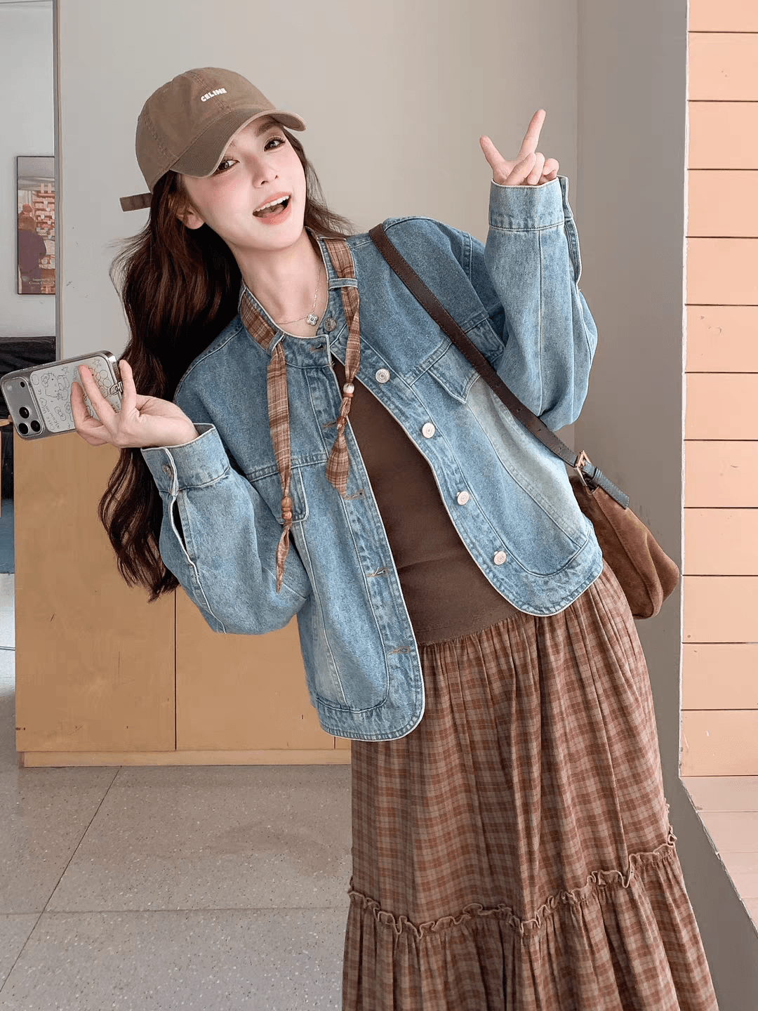 아메리칸 레트로 체크무늬 리본 데님 여성 코트 2026 봄 가을 새로운 루즈핏 슬림해 보이는 다용도 재킷 맨위 상세 이미지 1