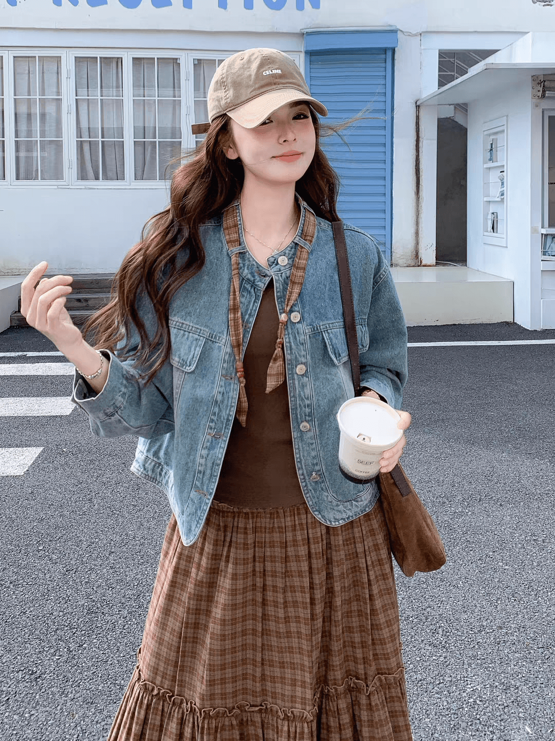 아메리칸 레트로 체크무늬 리본 데님 여성 코트 2026 봄 가을 새로운 루즈핏 슬림해 보이는 다용도 재킷 맨위 상세 이미지 2