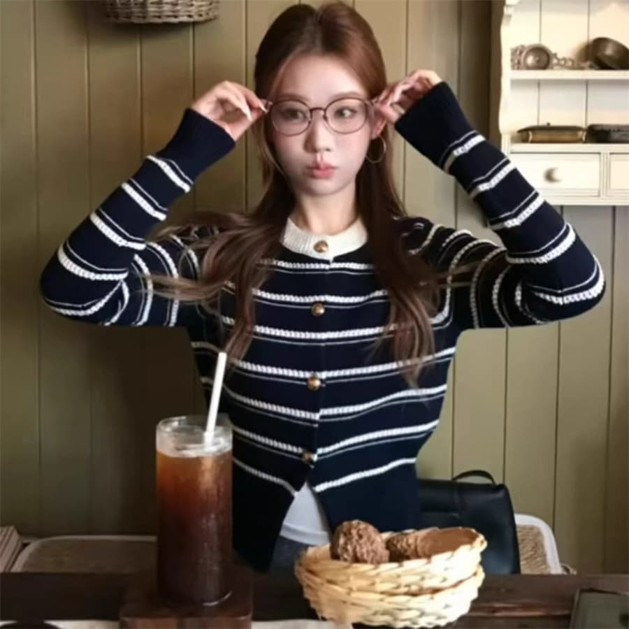 한 부서 스트라이프 긴팔 니트 오픈 가디건 여성 가을 겨울 착용 가져 가라. 몸매 가꾸기 허리 수축 쇼트 스타일 스웨터 아름다운 그레이트 봐. 의류 이미지 3
