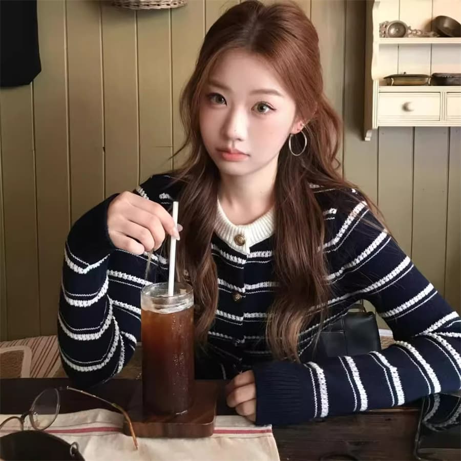 한 부서 스트라이프 긴팔 니트 오픈 가디건 여성 가을 겨울 착용 가져 가라. 몸매 가꾸기 허리 수축 쇼트 스타일 스웨터 아름다운 그레이트 봐. 의류 상세 이미지 1