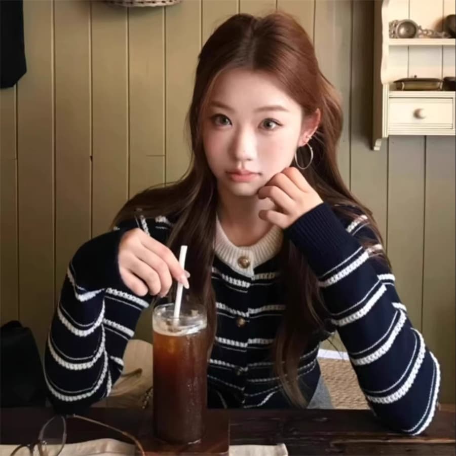 한 부서 스트라이프 긴팔 니트 오픈 가디건 여성 가을 겨울 착용 가져 가라. 몸매 가꾸기 허리 수축 쇼트 스타일 스웨터 아름다운 그레이트 봐. 의류 상세 이미지 2