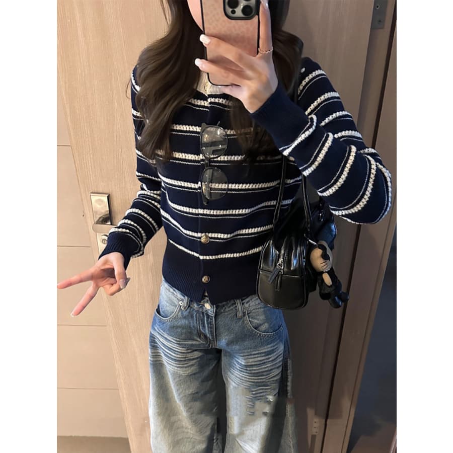 한 부서 스트라이프 긴팔 니트 오픈 가디건 여성 가을 겨울 착용 가져 가라. 몸매 가꾸기 허리 수축 쇼트 스타일 스웨터 아름다운 그레이트 봐. 의류 상세 이미지 5