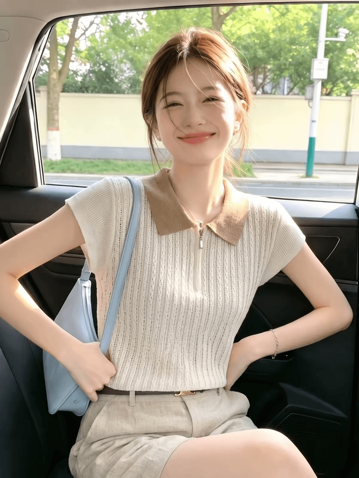 오래된 돈 바람 POLO 칼라 홀로우 아웃 니트 반팔 티셔츠 여성 여름 고급 센스 작은 날다 소매 맨위 디자인 센스 작은 대중 이미지 2
