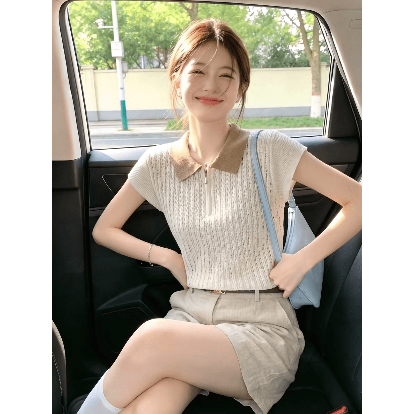 오래된 돈 바람 POLO 칼라 홀로우 아웃 니트 반팔 티셔츠 여성 여름 고급 센스 작은 날다 소매 맨위 디자인 센스 작은 대중 이미지 5
