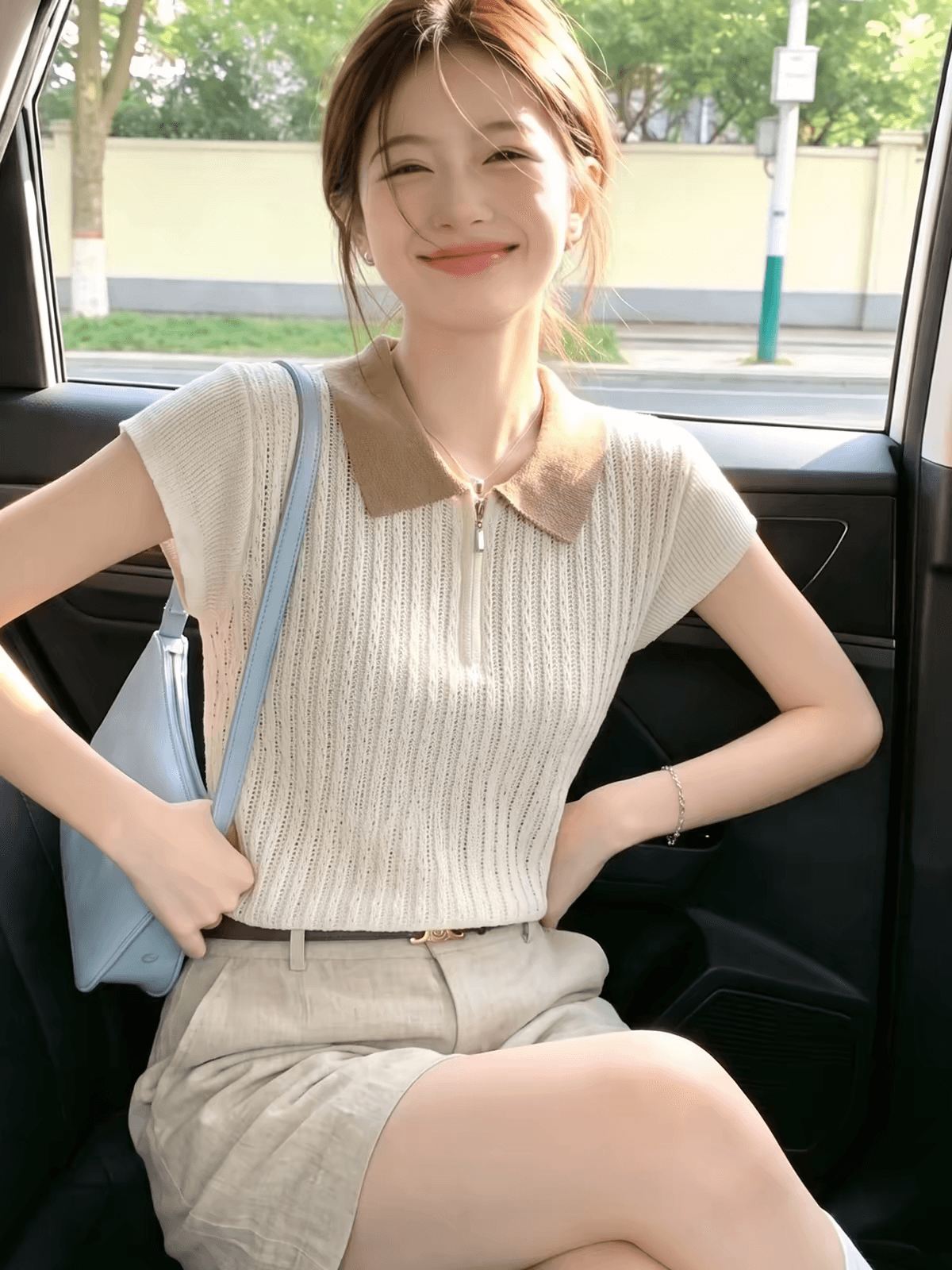 오래된 돈 바람 POLO 칼라 홀로우 아웃 니트 반팔 티셔츠 여성 여름 고급 센스 작은 날다 소매 맨위 디자인 센스 작은 대중 상세 이미지 3