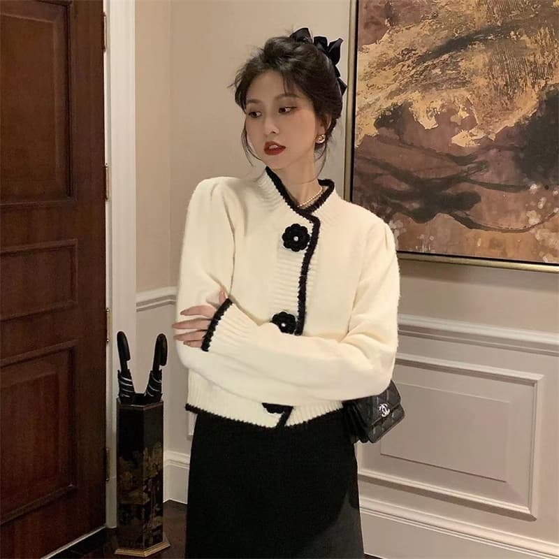 한국 스타일 가을 프랑스식 동백 나무 스웨터 오픈 가디건 여성 두꺼운 디자인 센스 배색 작은 샤넬 스타일 니트 재킷 트렌디 이미지 4