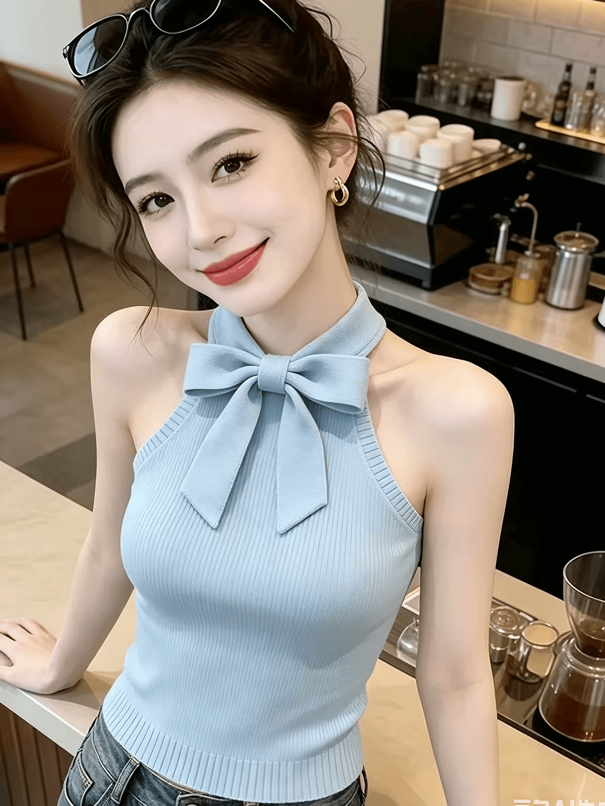 작은 대중 달콤한 스타일 나비 매듭 행침 목 니트 조끼 여성 2026 여름 새로운 슬림해 보이는 외국 가스 슈퍼 잘 생긴 맨위 이미지 2