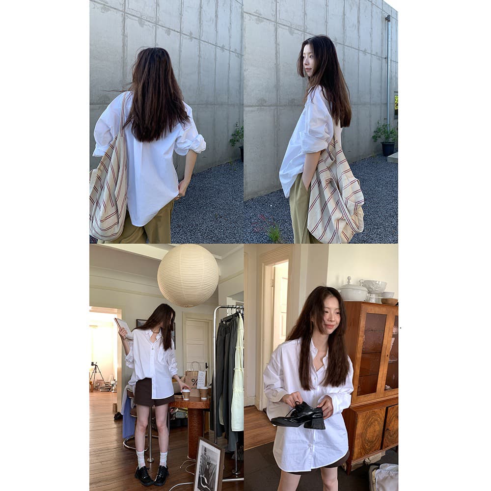 helloooeat 60 지점 빗질하다 가져 오기 실 익스트림 제인 순면 흰 셔츠 출퇴근 루즈핏 긴팔 품격 셔츠 이미지 4